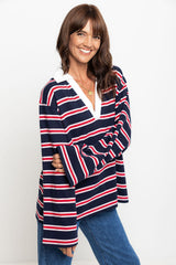 Addison Rugby Polo Top - Navy, Red & Pink Stripes - The Self Styler