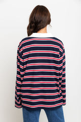 Addison Rugby Polo Top - Navy, Red & Pink Stripes - The Self Styler