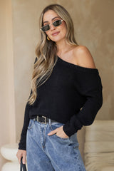 Jayla Off-The-Shoulder Long Sleeve Top - Black