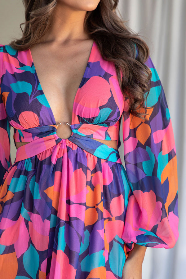Laurel Cut-Out Maxi Dress - Abstract Purple Floral - The Self Styler
