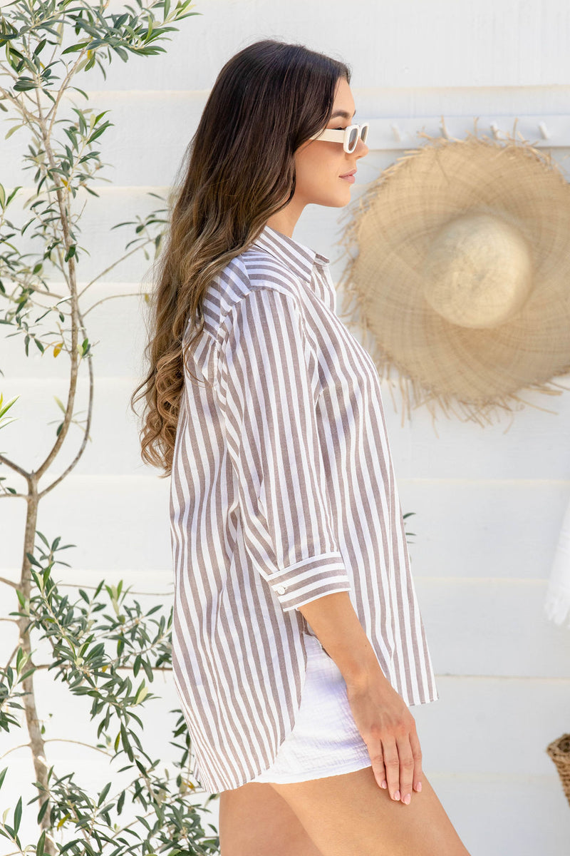 Sienna Cotton Shirt - Choc Stripe - The Self Styler