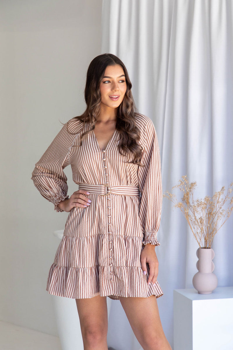 Denver Mini Dress - Caramel stripe - The Self Styler