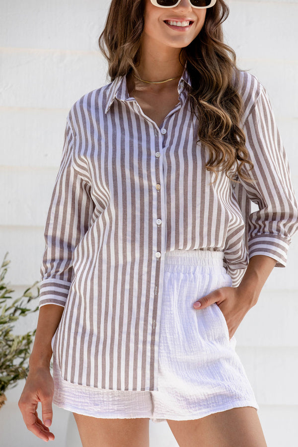 Sienna Cotton Shirt - Choc Stripe - The Self Styler