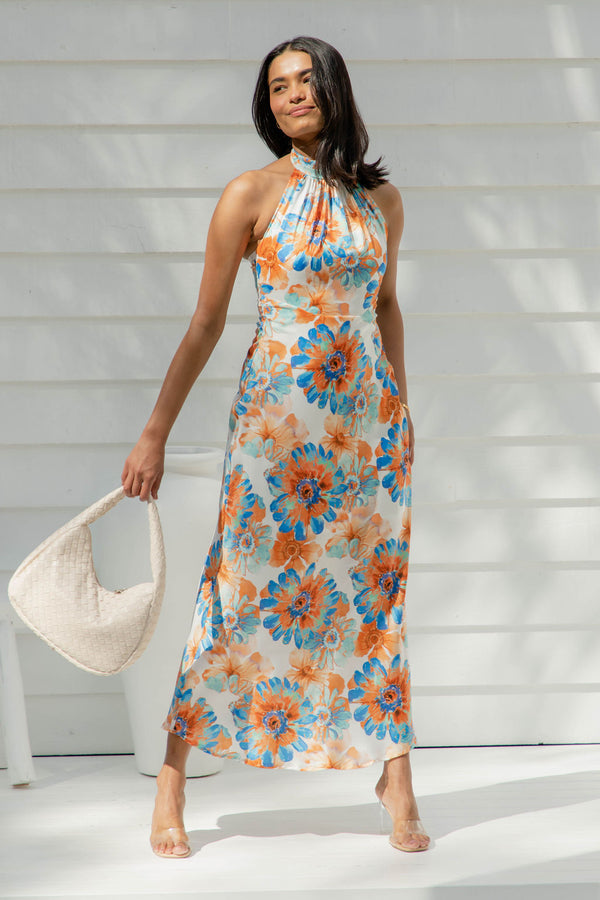 Sunny Halter Maxi Dress - Orange Floral - The Self Styler