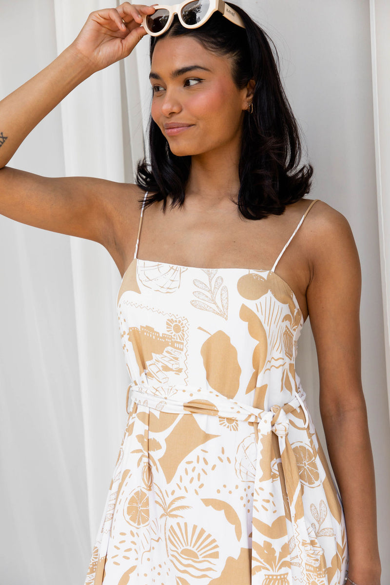Callista Maxi Dress - Beige Holiday Print - The Self Styler