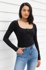 Minnie Ribbed Knit Bodysuit - Black - The Self Styler