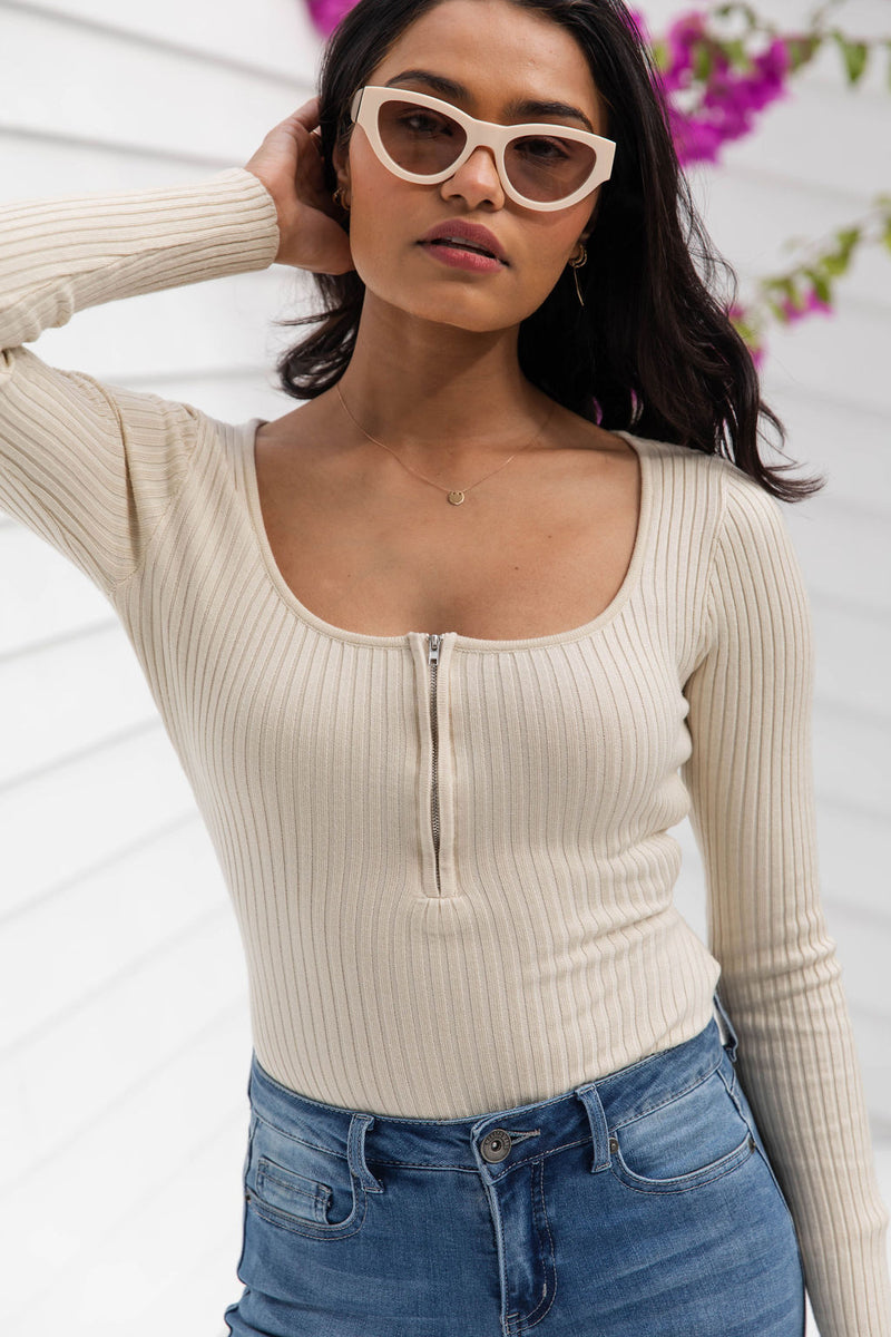 Minnie Ribbed Knit Bodysuit - Cream - The Self Styler