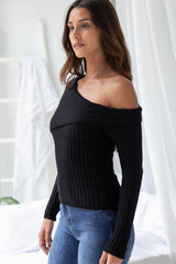 Bailey Off-The-Shoulder Ribbed Knit Top - Black - The Self Styler