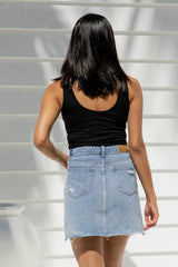 Jolie Distressed Denim Skirt - Mid Wash Blue - The Self Styler