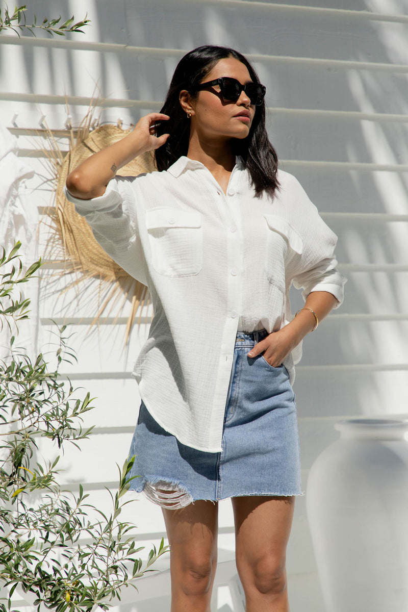 Vacay Relaxed-Fit Cotton Shirt - White - The Self Styler