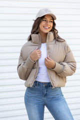 Emerson Crop Puffer Jacket - Taupe Beige - The Self Styler
