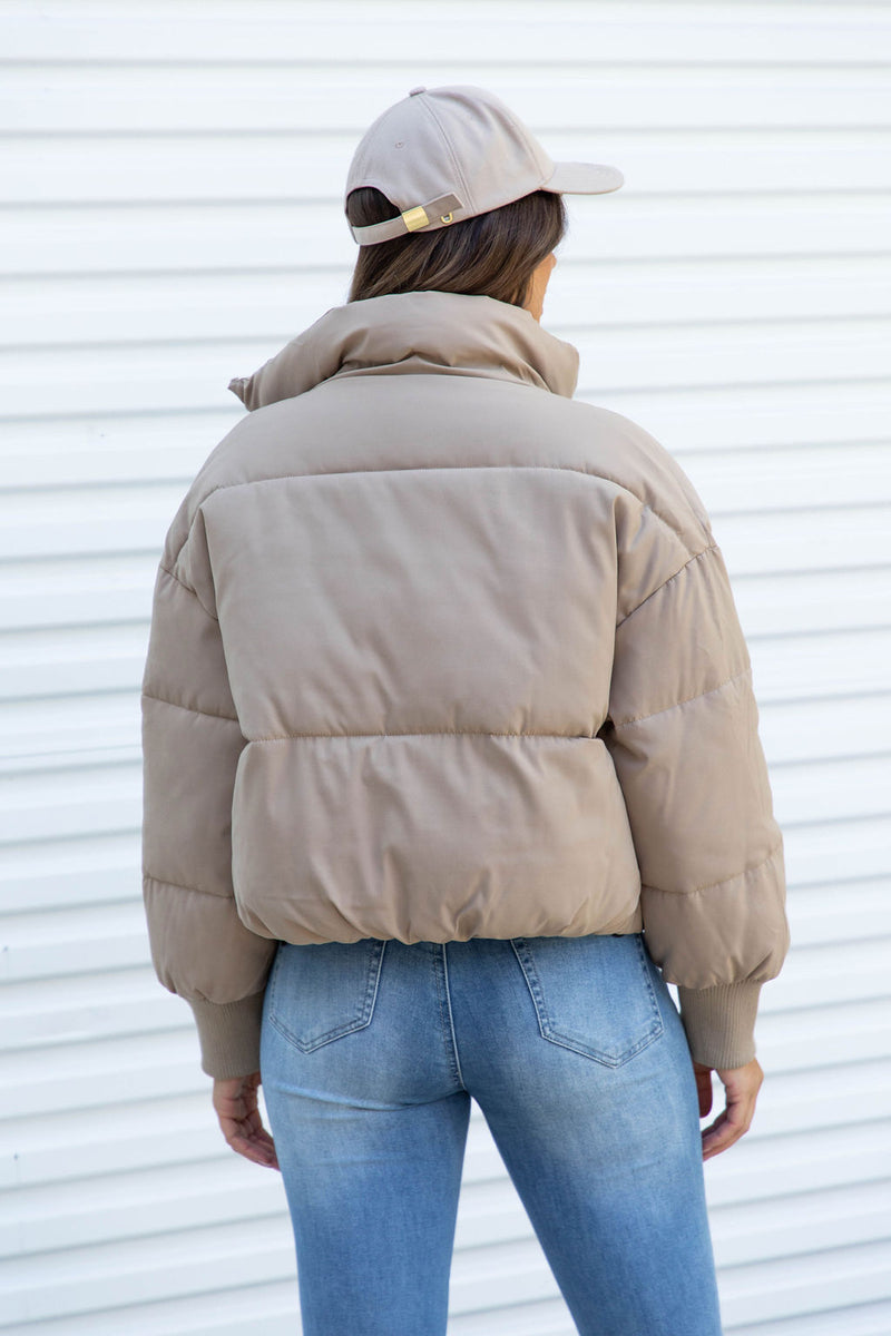 Emerson Crop Puffer Jacket - Taupe Beige - The Self Styler