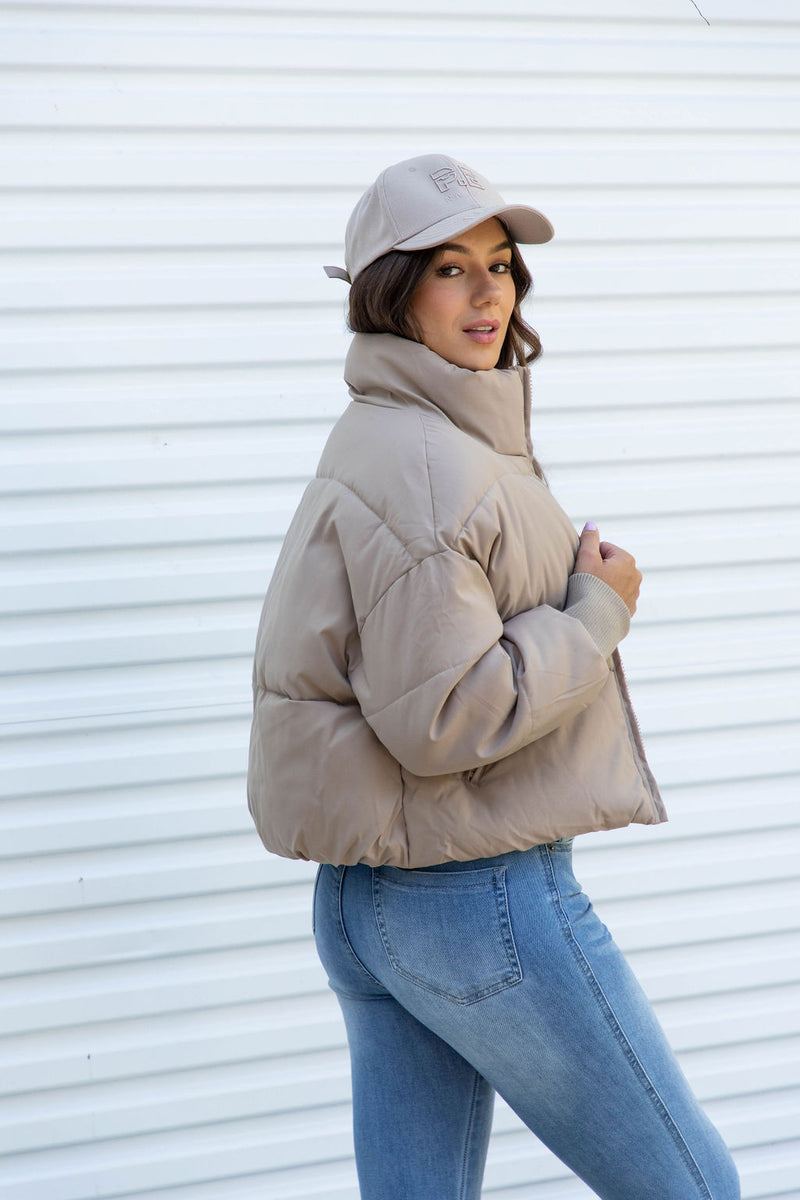 Emerson Crop Puffer Jacket - Taupe Beige - The Self Styler