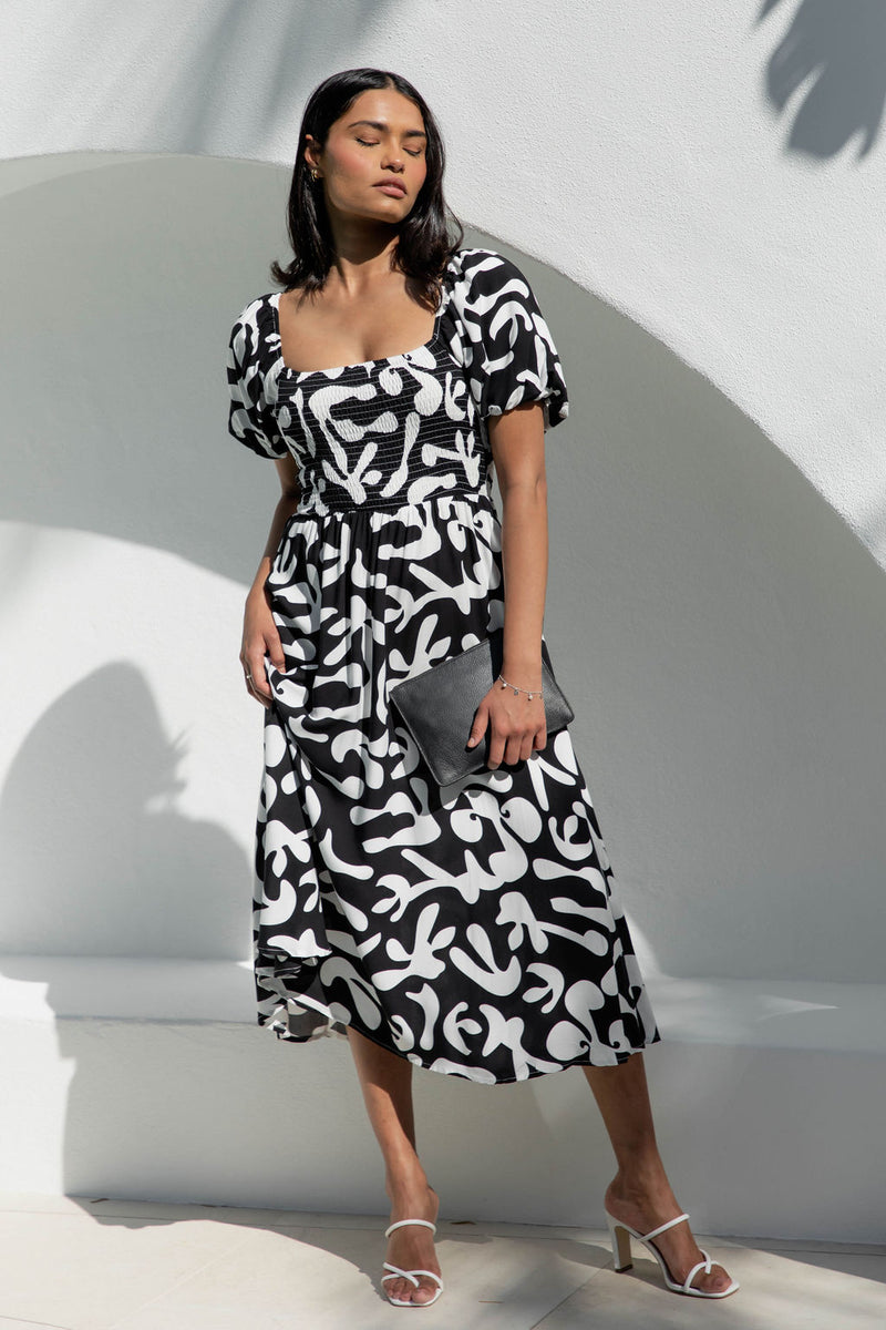 Black and white print midi dress hotsell