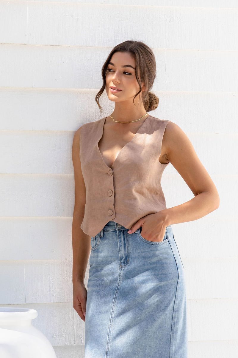 Lorenza Linen Vest - Latte - The Self Styler