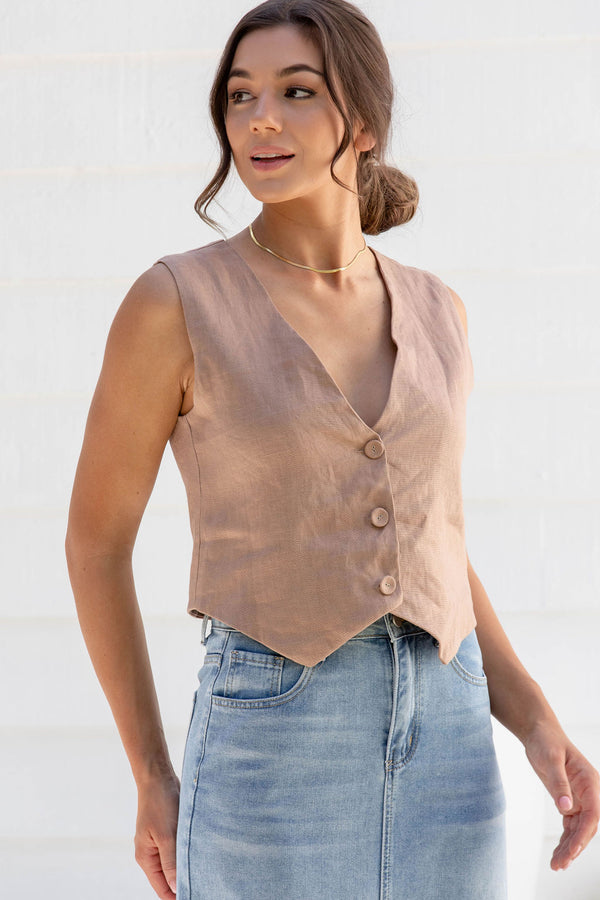 Lorenza Linen Vest - Latte - The Self Styler