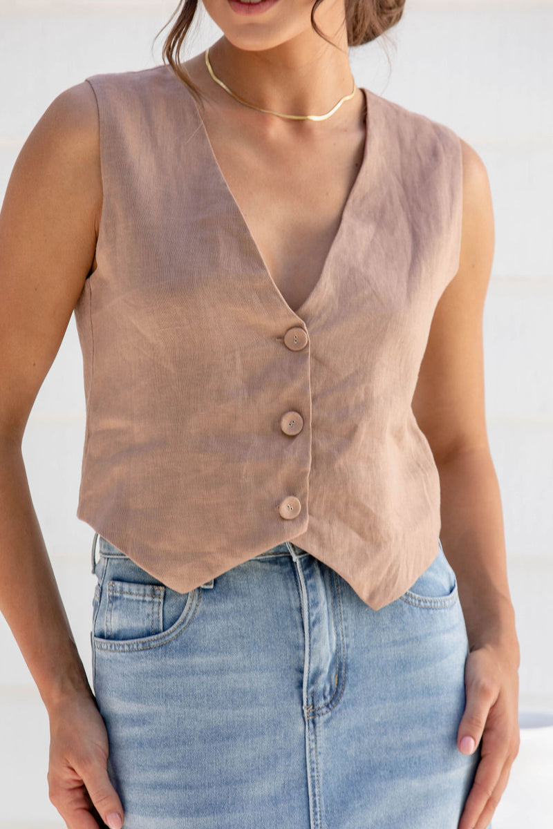 Lorenza Linen Vest - Latte - The Self Styler