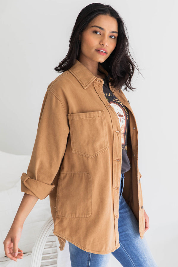Cruz Denim Drill Shacket  - Caramel - The Self Styler