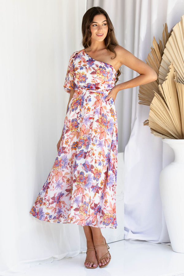 Mirah Midi Dress - Purple  Floral - The Self Styler