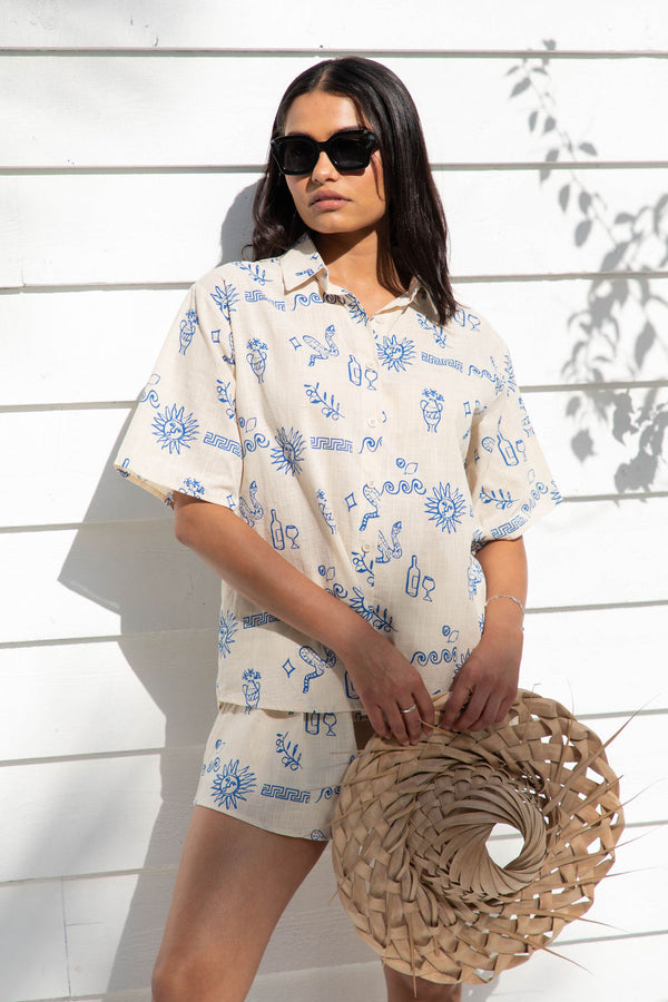 Athena Shirt - Santorini Print - Blue - The Self Styler