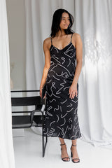 Estelle Midi Dress - Black Line Print - The Self Styler