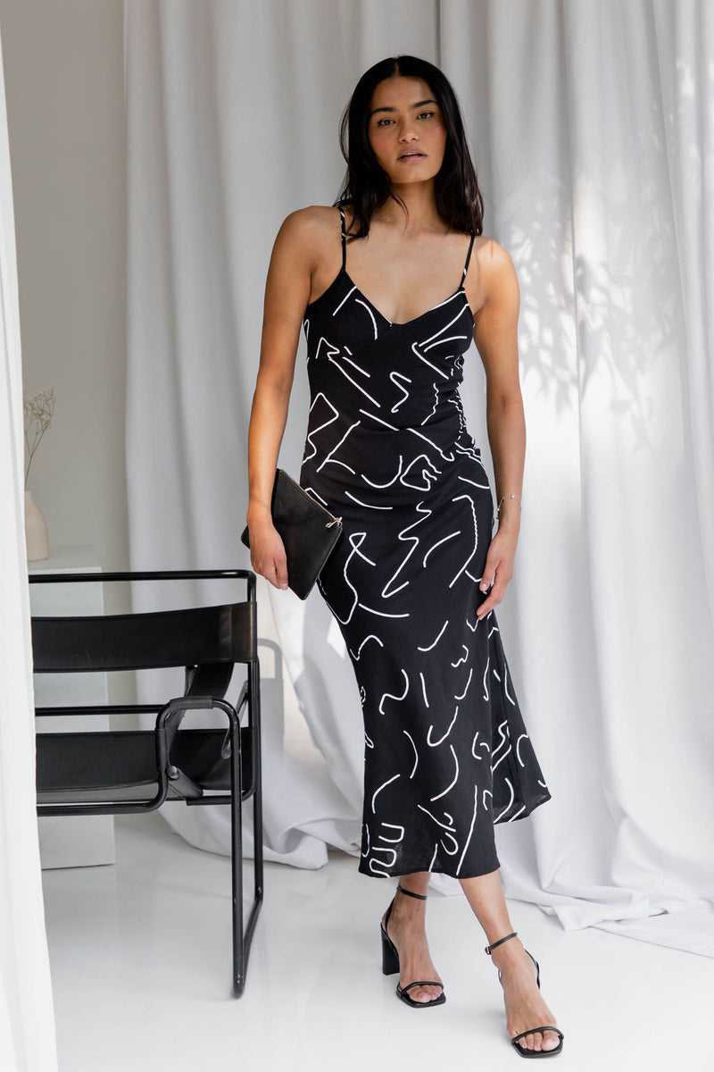 Estelle Midi Dress - Black Line Print - The Self Styler