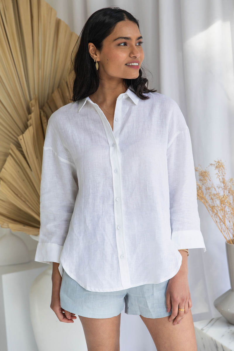 Brya Linen Boyfriend Shirt - White - The Self Styler