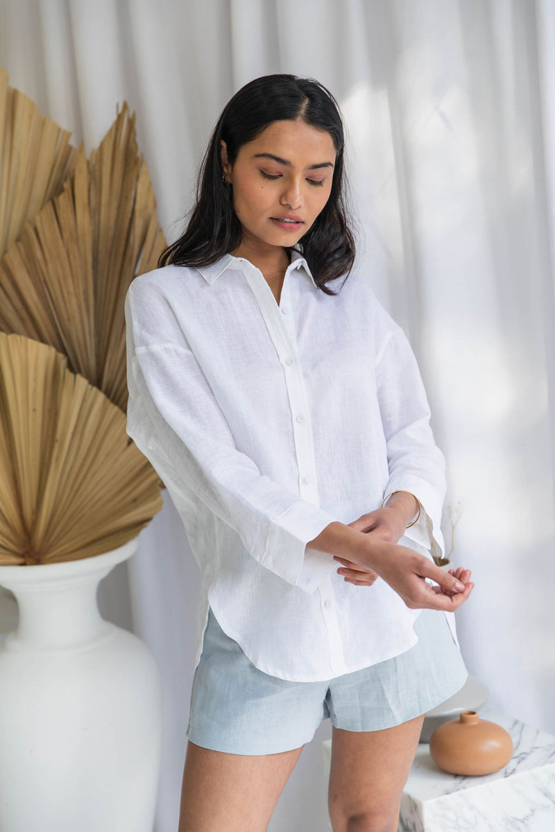 Brya Linen Boyfriend Shirt - White - The Self Styler