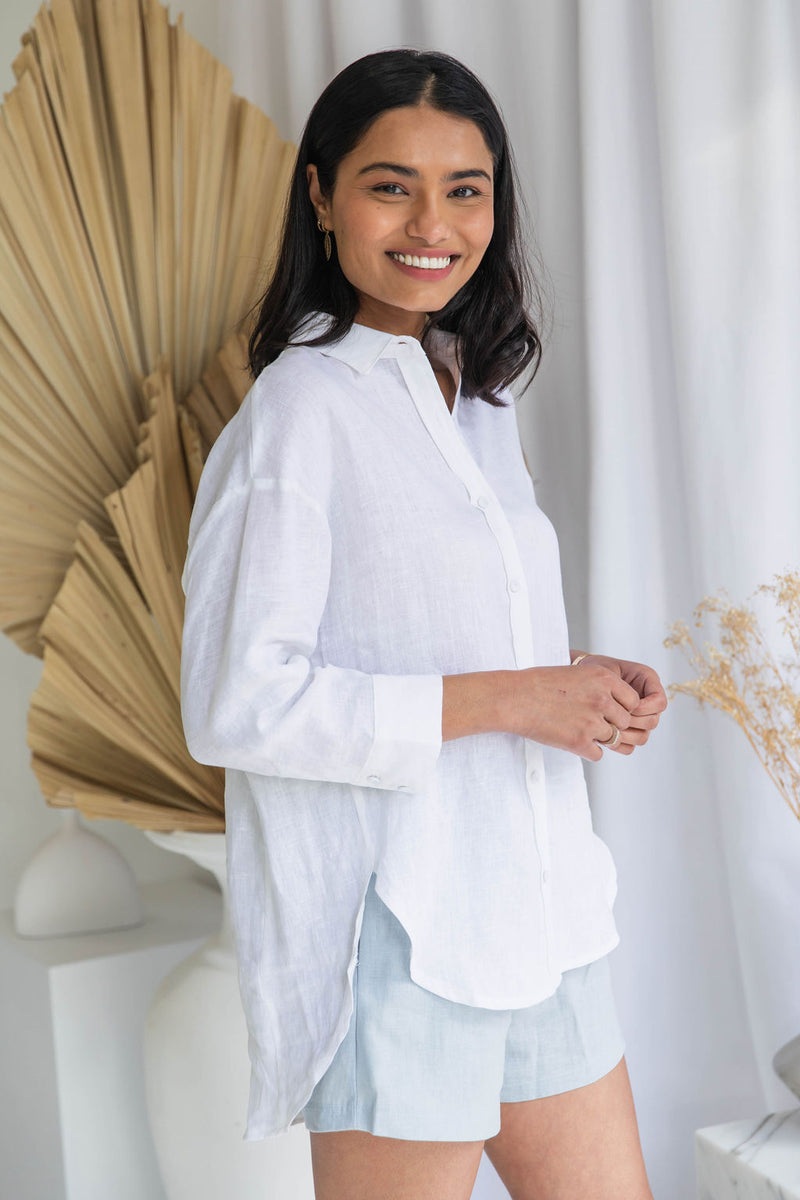 Brya Linen Boyfriend Shirt - White - The Self Styler