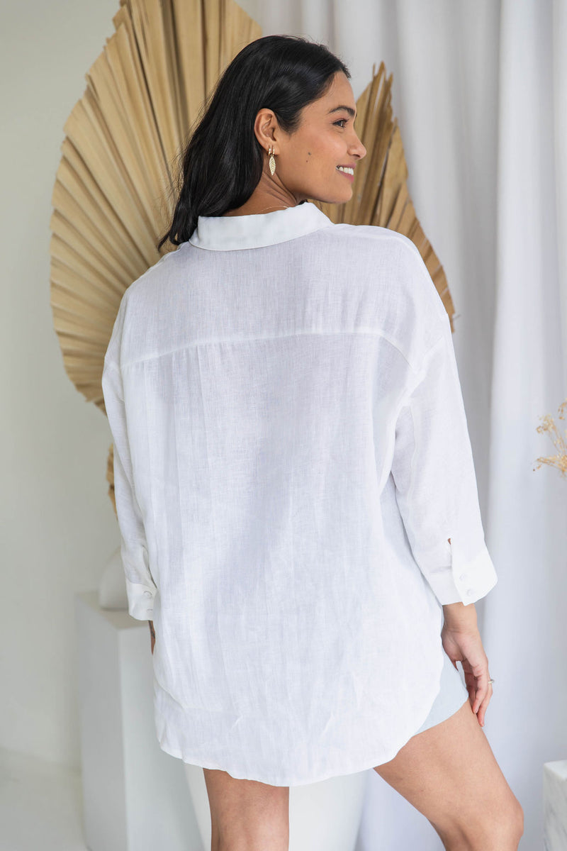 Brya Linen Boyfriend Shirt - White - The Self Styler
