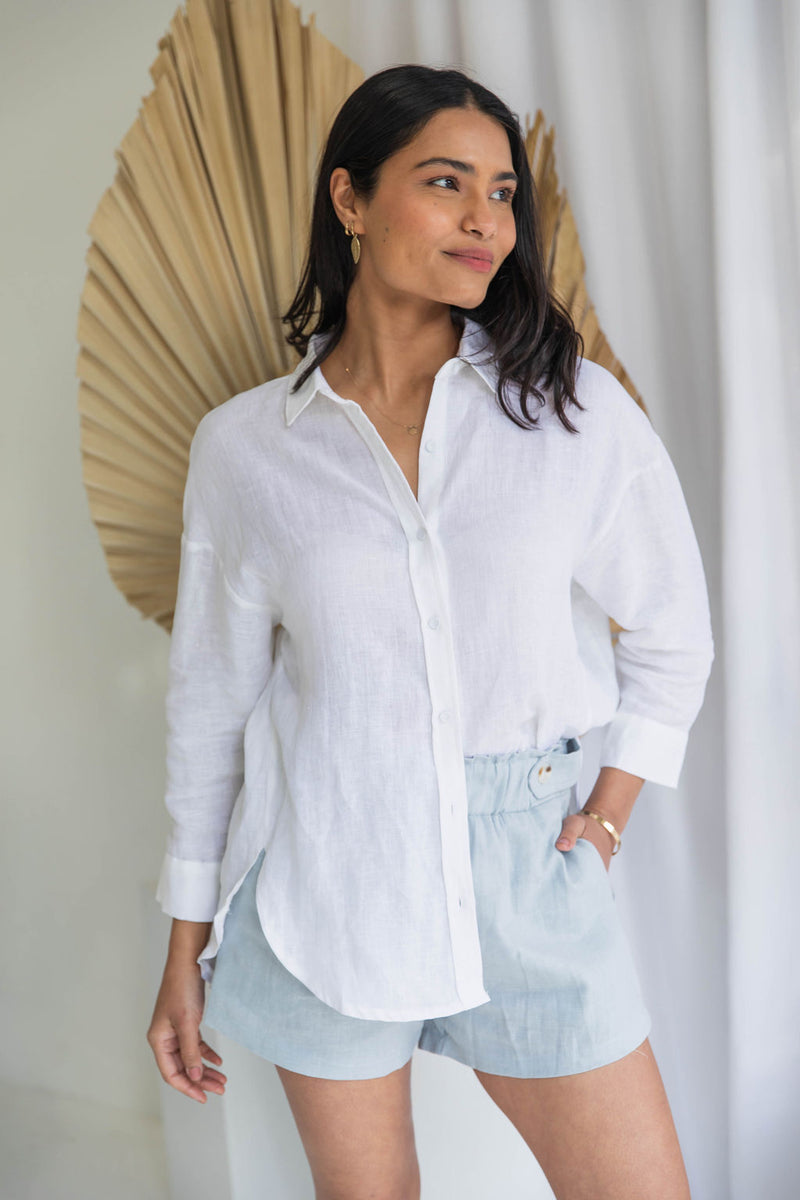 Brya Linen Boyfriend Shirt - White - The Self Styler