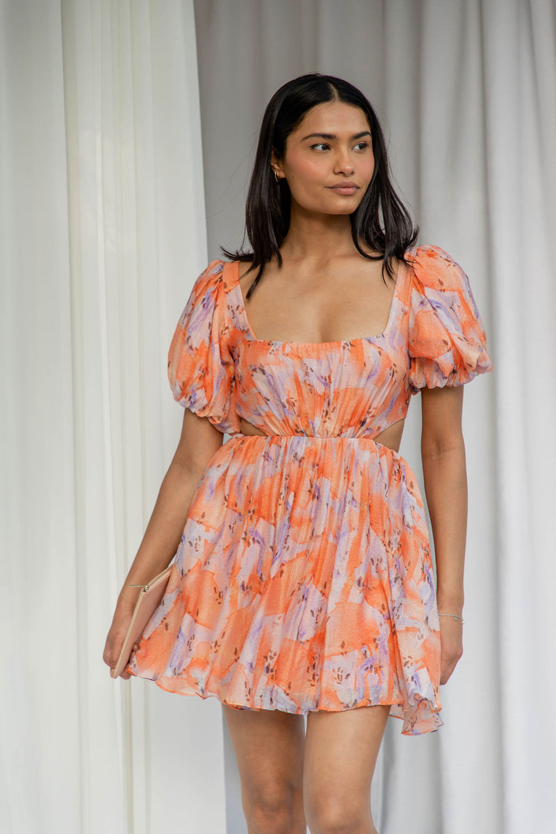Gardenia Mini Dress - Orange Watercolour - The Self Styler