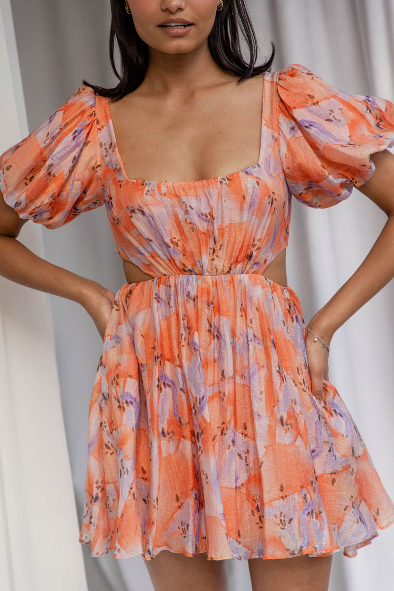 Gardenia Mini Dress - Orange Watercolour - The Self Styler