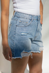 Atlas Distressed Denim Shorts - Mid Blue - The Self Styler