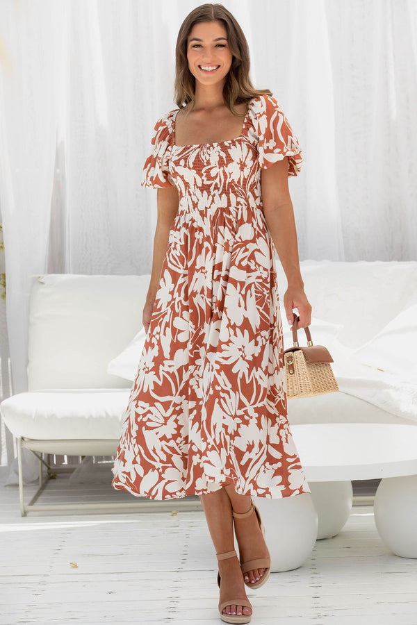 Rosabella Midi Dress - Caramel Print - The Self Styler