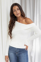 Bailey Off-The-Shoulder Ribbed Knit Top - White - The Self Styler