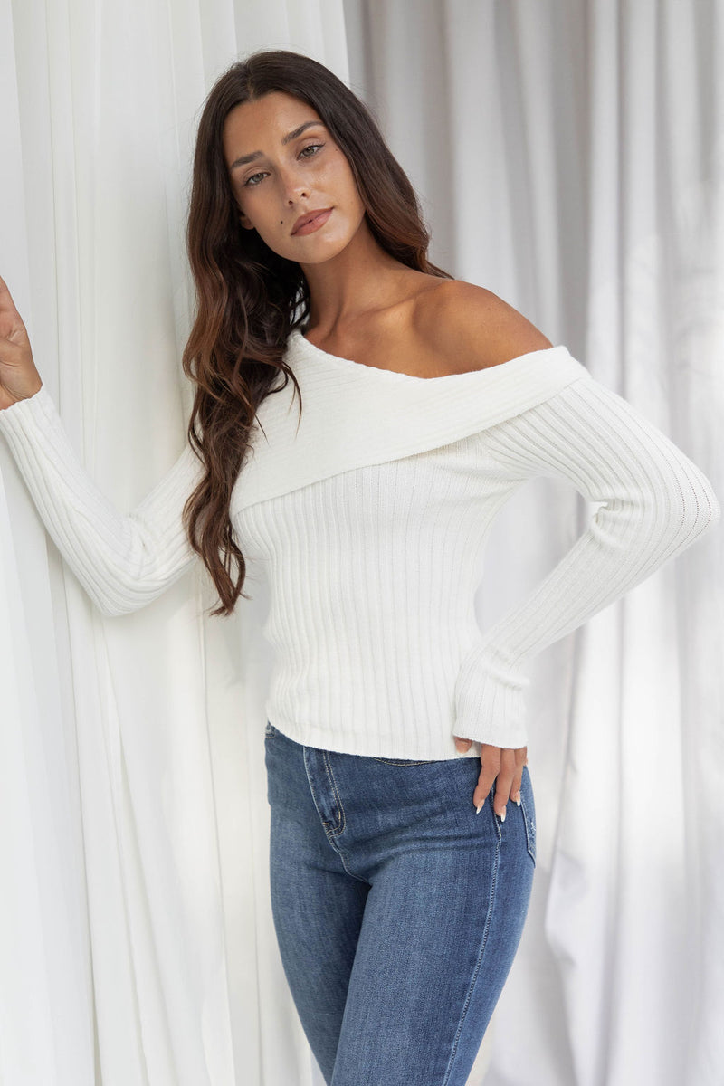 Bailey Off-The-Shoulder Ribbed Knit Top - White - The Self Styler