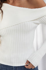 Bailey Off-The-Shoulder Ribbed Knit Top - White - The Self Styler