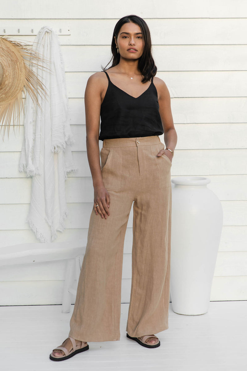 Jude Wide-Leg Linen Pant - Taupe - The Self Styler