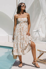 Naomi Midi Dress - Beige Abstract Palm Print - The Self Styler