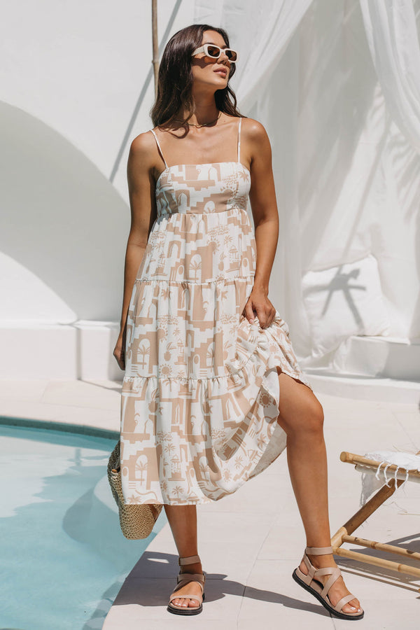 Naomi Midi Dress - Beige Abstract Palm Print - The Self Styler