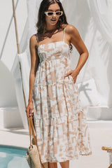 Naomi Midi Dress - Beige Abstract Palm Print - The Self Styler