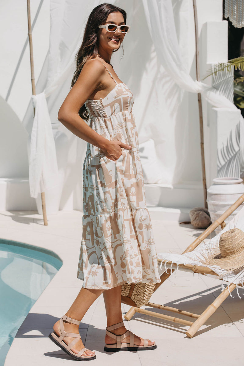 Naomi Midi Dress - Beige Abstract Palm Print - The Self Styler