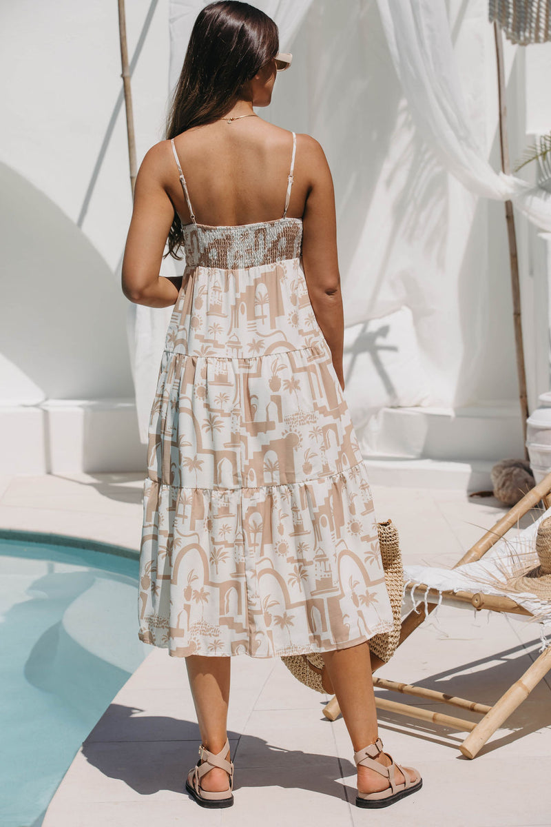 Naomi Midi Dress - Beige Abstract Palm Print - The Self Styler