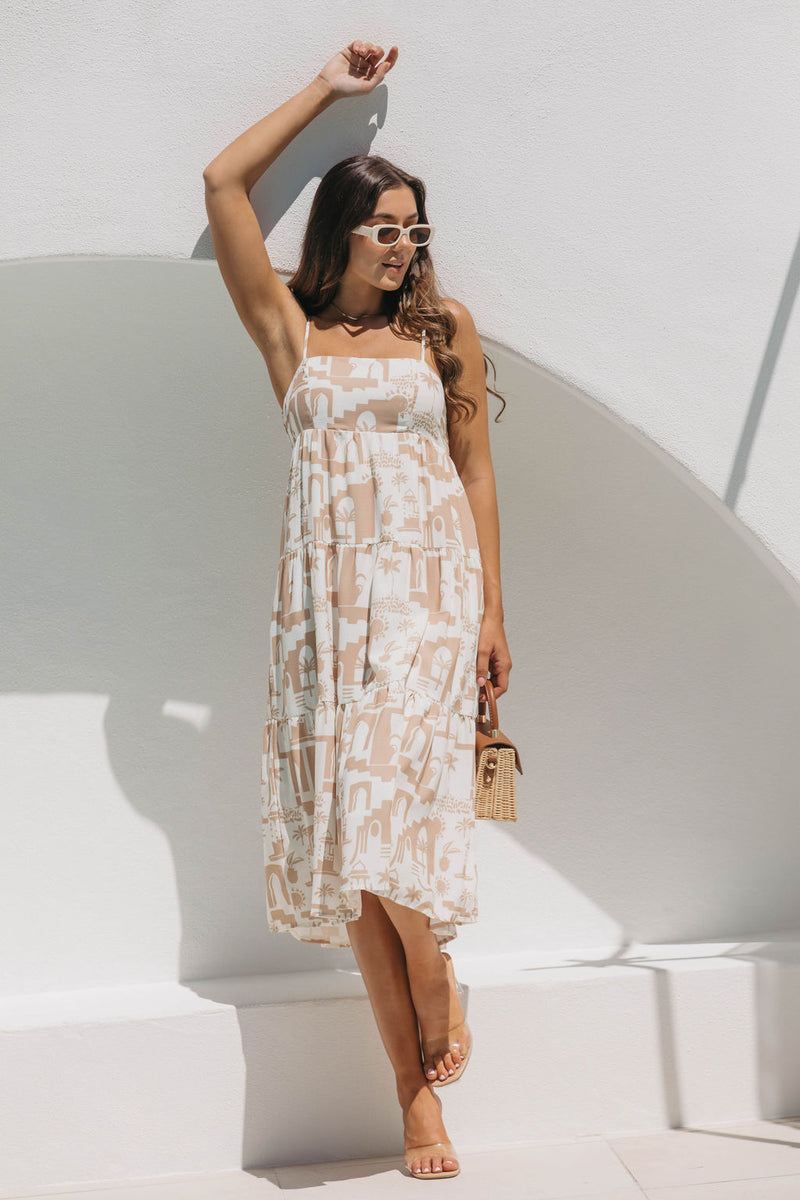 Naomi Midi Dress - Beige Abstract Palm Print - The Self Styler