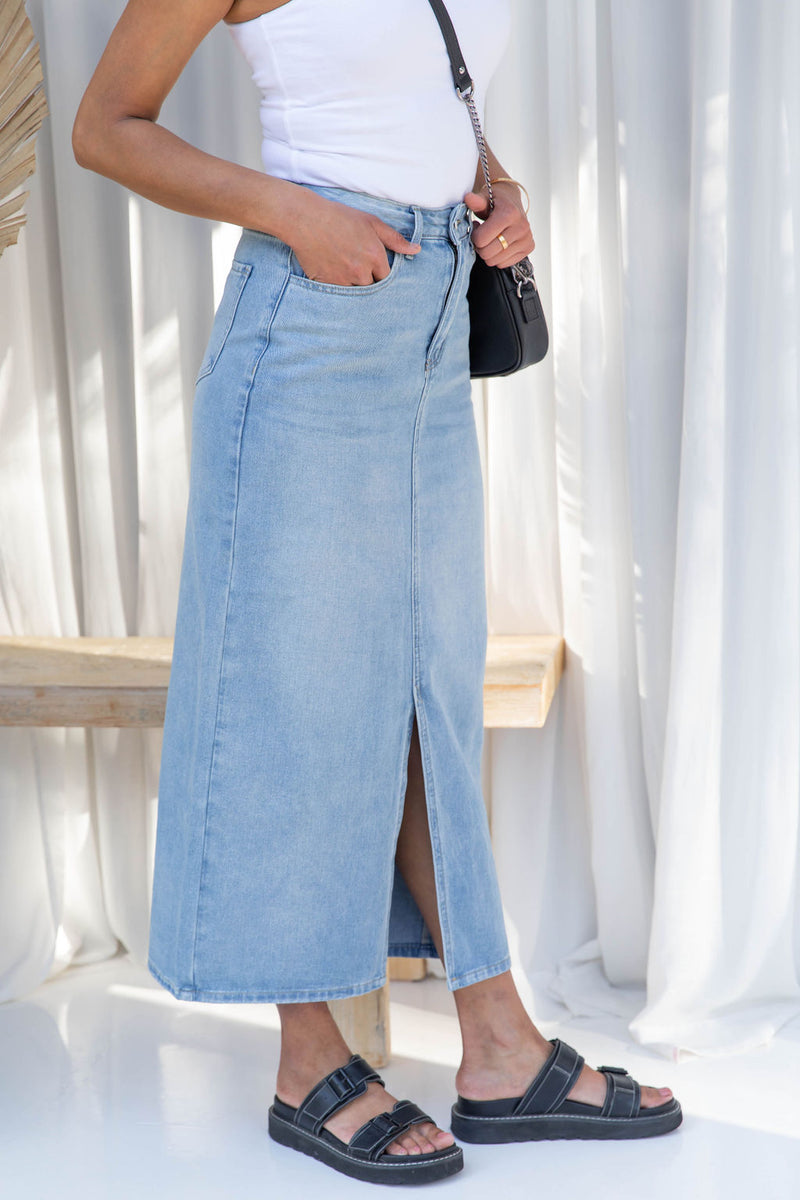 Tommy Denim Maxi Skirt - Light-Wash Blue - The Self Styler