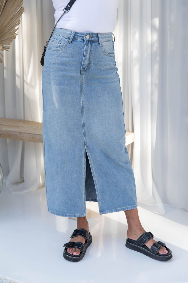 Tommy Denim Maxi Skirt - Light-Wash Blue - The Self Styler