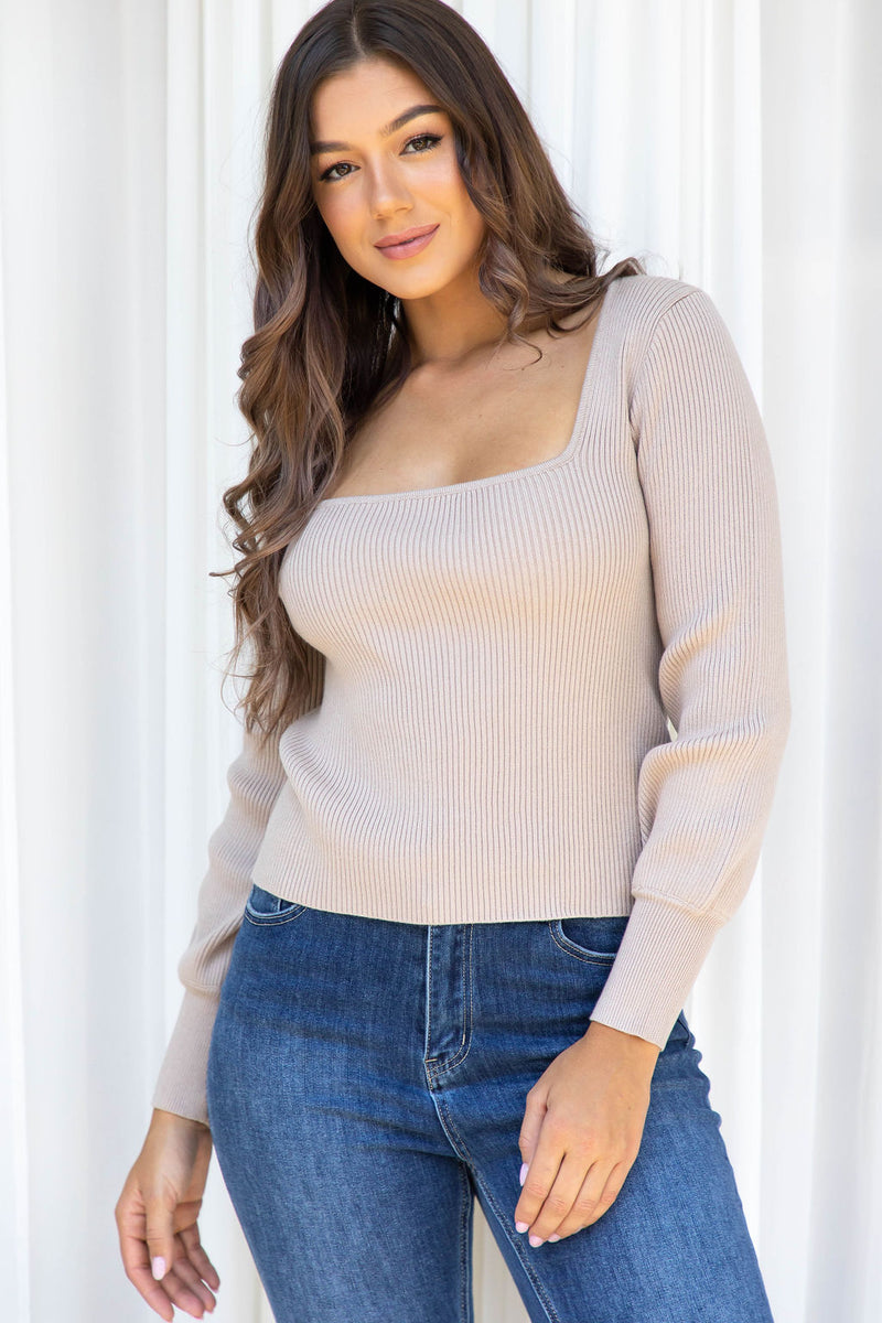 Stacey Ribbed Knit Top - Taupe - The Self Styler