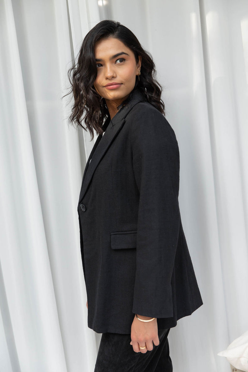 Piper Tailored Linen Blazer Jacket - Black - The Self Styler