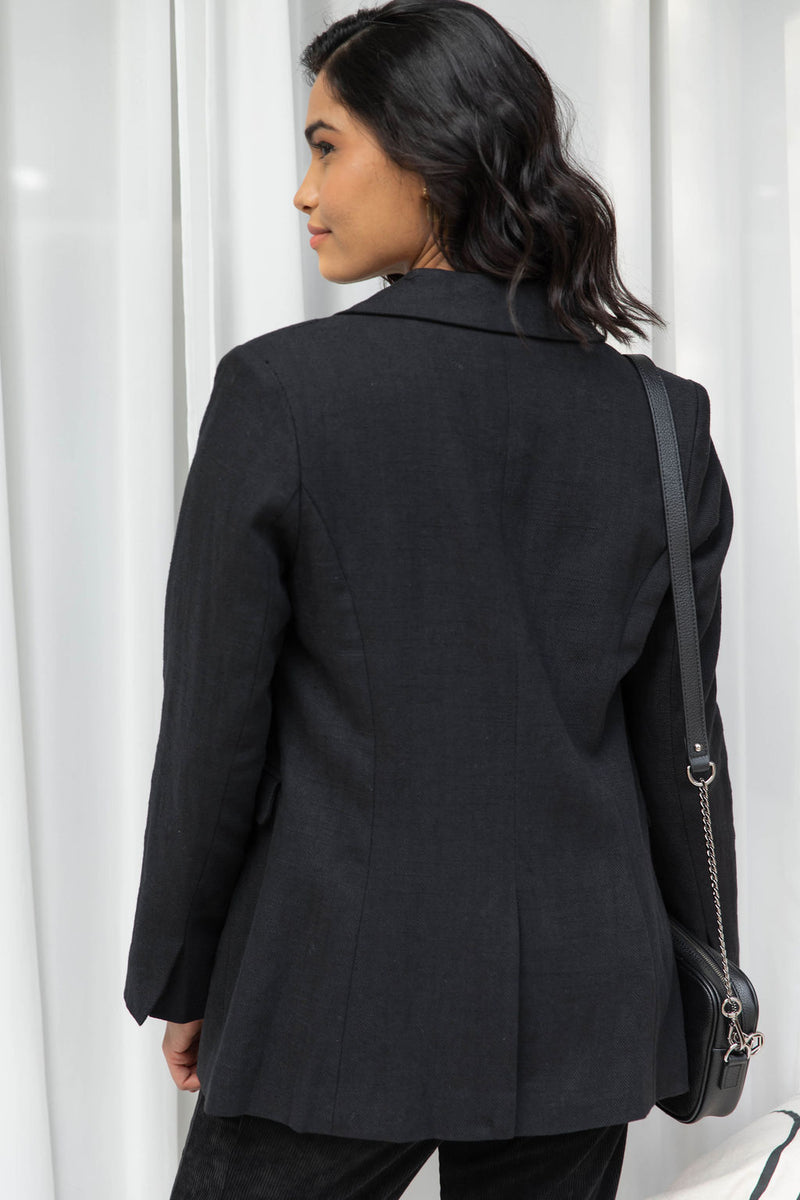 Piper Tailored Linen Blazer Jacket - Black - The Self Styler
